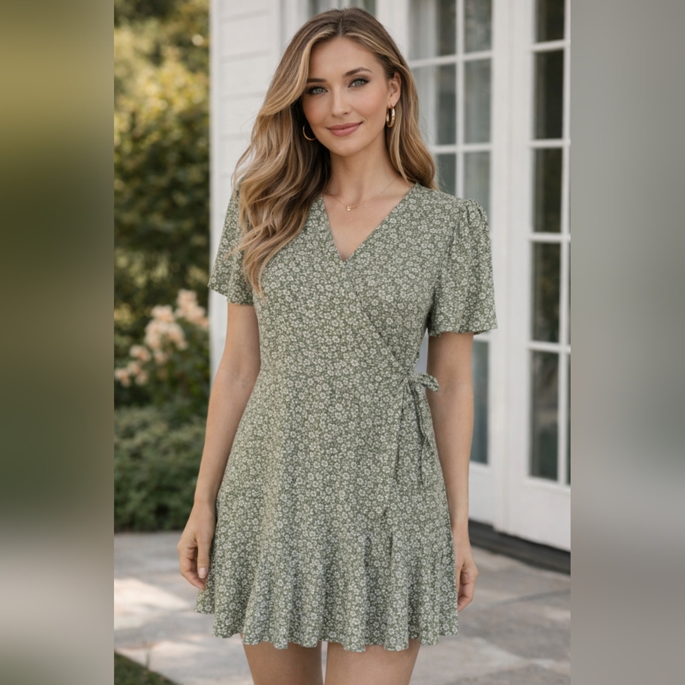 Francesca's Collections Sage Floral Midi Dress